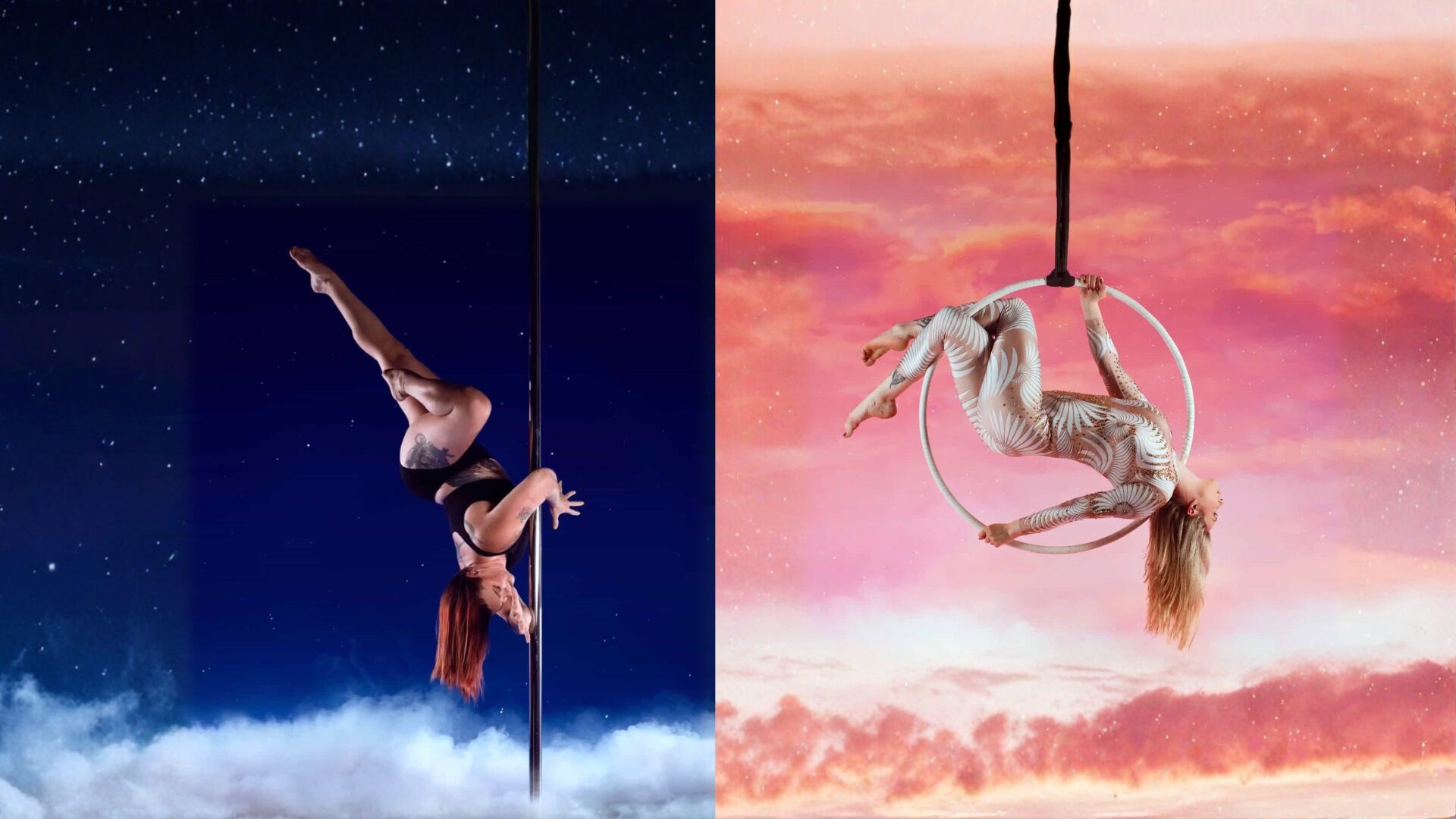 Two images in one of varying pole and aerial dancing