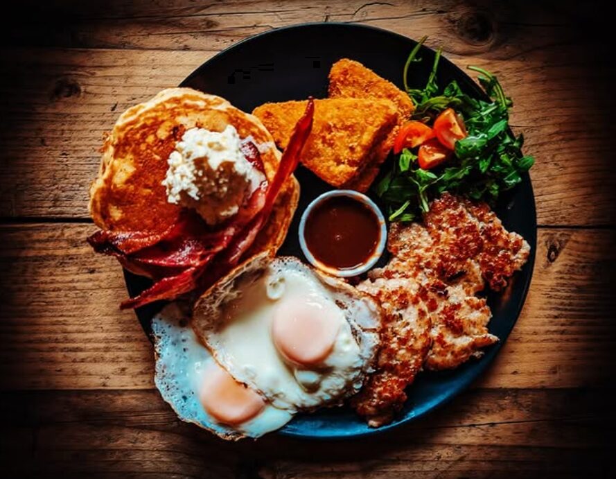 A photograph showing a classic full english breakfast